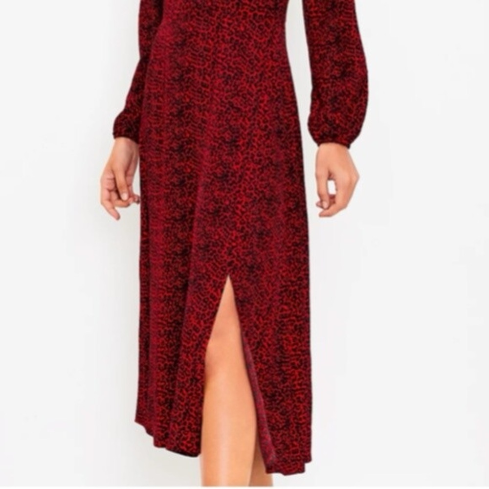 LOFT Leopard Animal Print Slit Midi Dress Long Sleeves Tango Red Holiday Dress✨ - Picture 2 of 10